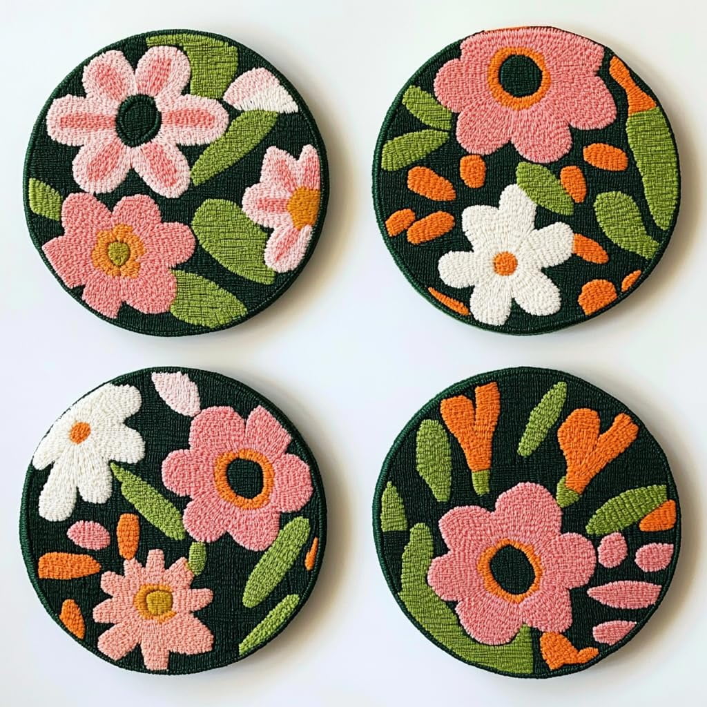 4 Set DIY Punch Needle Coaster Kits Lily Flowers Easy for Beginners with Adhesive Felt Hoop Punch Needle Embroidery Starter Set with Pattern for Drink Cups Mat Home Decor-19