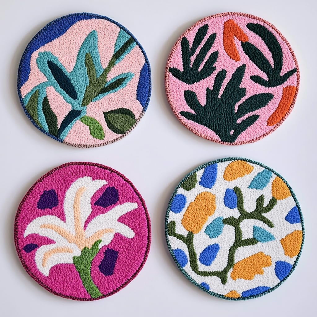 4 Set DIY Punch Needle Coaster Kits Lily Flowers Easy for Beginners with Adhesive Felt Hoop Punch Needle Embroidery Starter Set with Pattern for Drink Cups Mat Home Decor-21