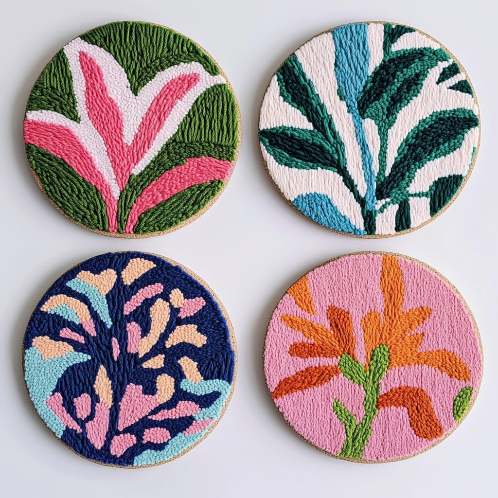4 Set DIY Punch Needle Coaster Kits Lily Flowers Easy for Beginners with Adhesive Felt Hoop Punch Needle Embroidery Starter Set with Pattern for Drink Cups Mat Home Decor-23