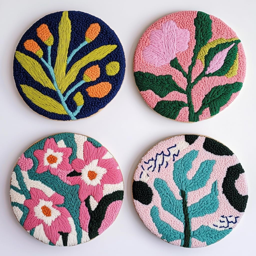 4 Set DIY Punch Needle Coaster Kits Lily Flowers Easy for Beginners with Adhesive Felt Hoop Punch Needle Embroidery Starter Set with Pattern for Drink Cups Mat Home Decor-17
