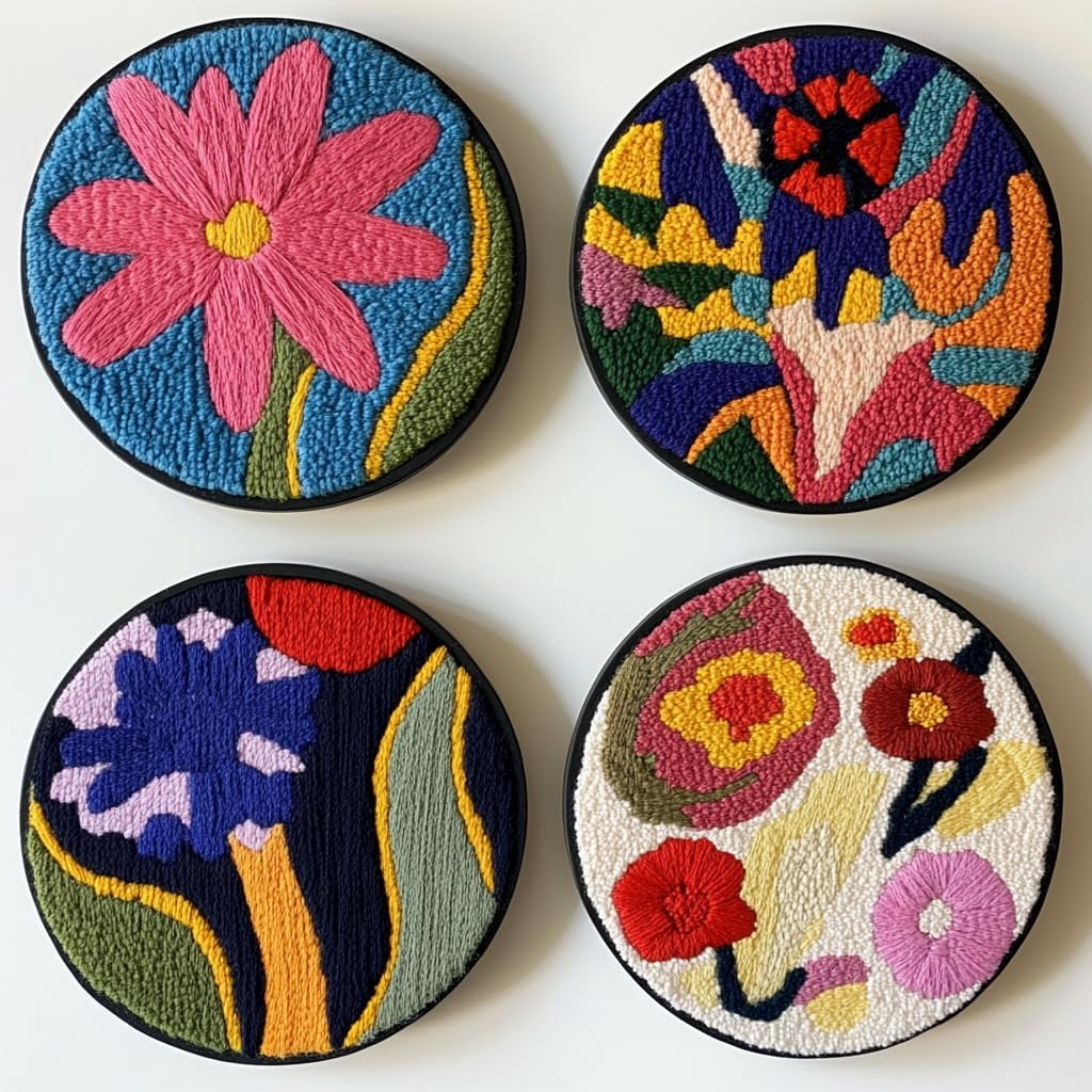 4 Set DIY Punch Needle Coaster Kits Lily Flowers Easy for Beginners with Adhesive Felt Hoop Punch Needle Embroidery Starter Set with Pattern for Drink Cups Mat Home Decor-26
