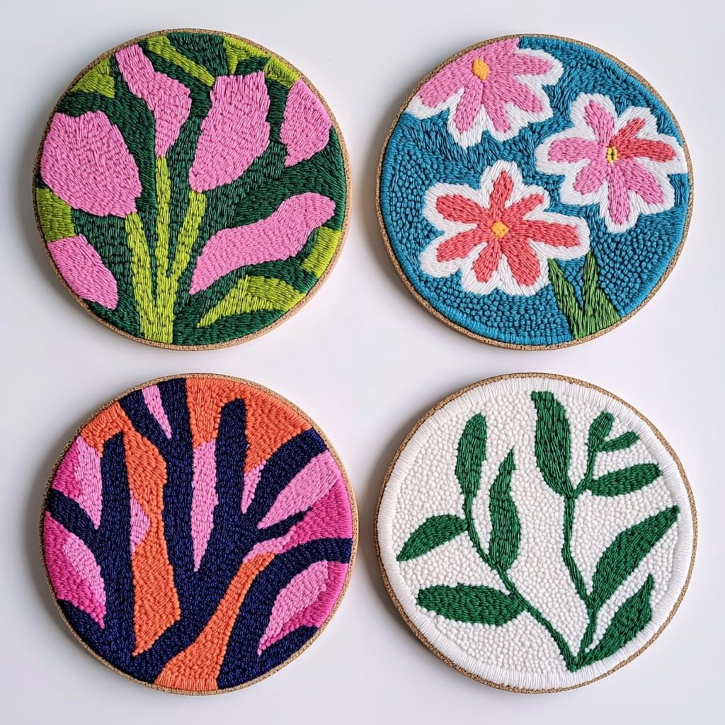 4 Set DIY Punch Needle Coaster Kits Lily Flowers Easy for Beginners with Adhesive Felt Hoop Punch Needle Embroidery Starter Set with Pattern for Drink Cups Mat Home Decor-31