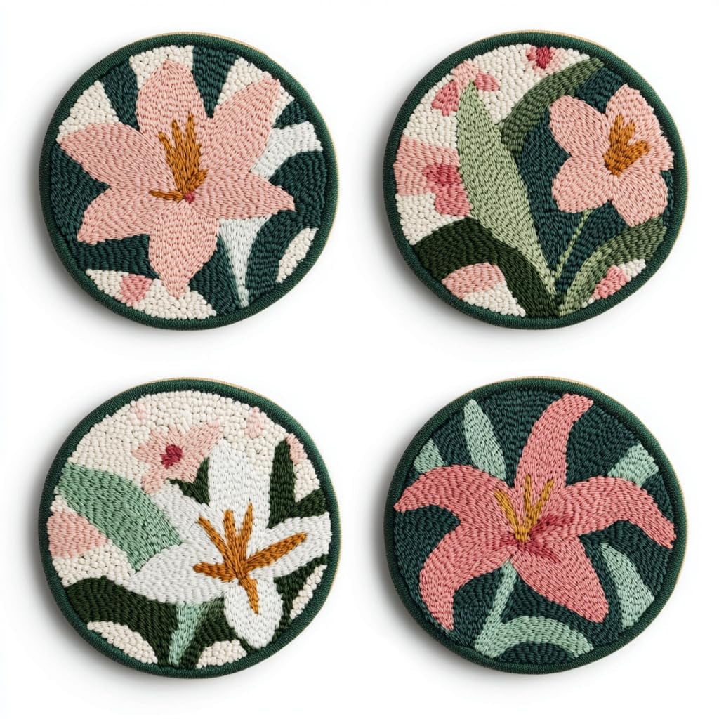 4 Set DIY Punch Needle Coaster Kits Lily Flowers Easy for Beginners with Adhesive Felt Hoop Punch Needle Embroidery Starter Set with Pattern for Drink Cups Mat Home Decor-29