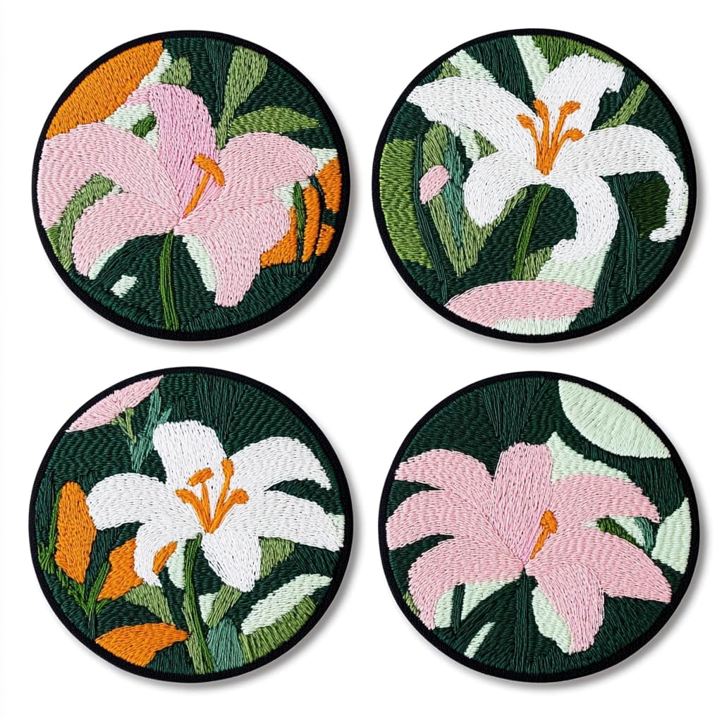 4 Set DIY Punch Needle Coaster Kits Lily Flowers Easy for Beginners with Adhesive Felt Hoop Punch Needle Embroidery Starter Set with Pattern for Drink Cups Mat Home Decor-20
