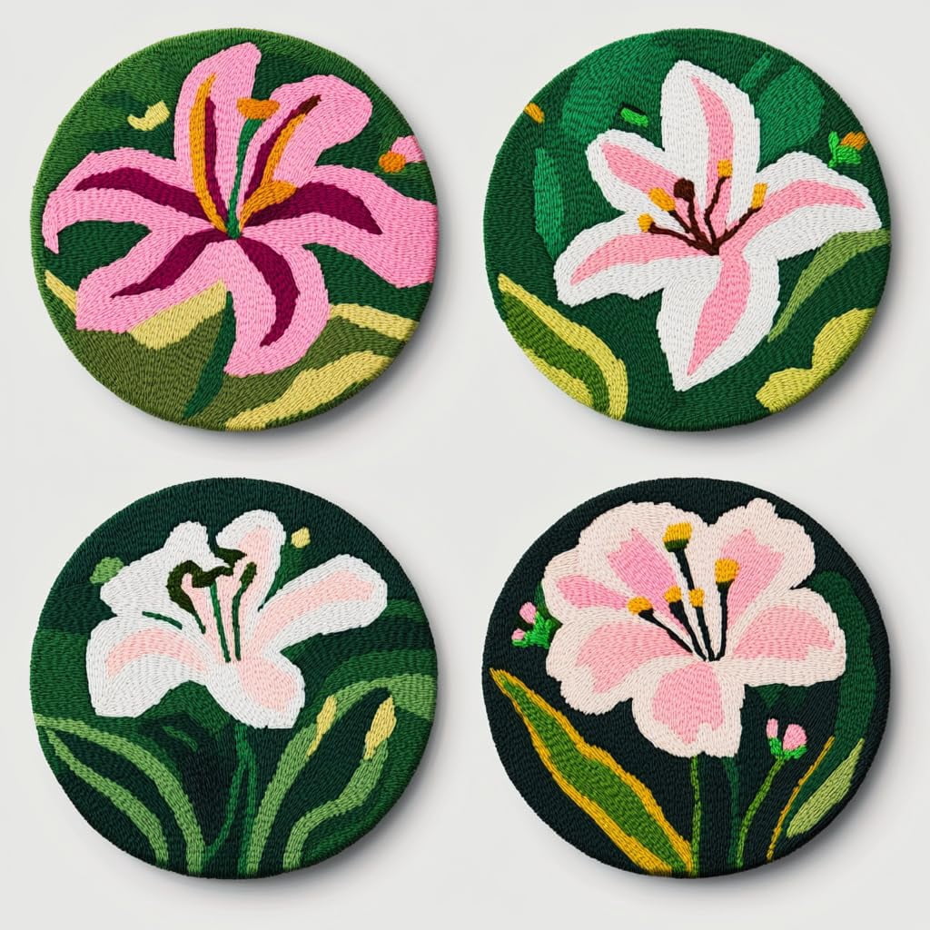 4 Set DIY Punch Needle Coaster Kits Lily Flowers Easy for Beginners with Adhesive Felt Hoop Punch Needle Embroidery Starter Set with Pattern for Drink Cups Mat Home Decor-22