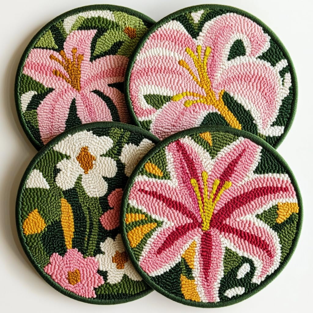 4 Set DIY Punch Needle Coaster Kits Lily Flowers Easy for Beginners with Adhesive Felt Hoop Punch Needle Embroidery Starter Set with Pattern for Drink Cups Mat Home Decor-27