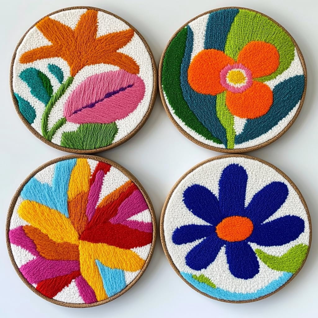 4 Set DIY Punch Needle Coaster Kits Lily Flowers Easy for Beginners with Adhesive Felt Hoop Punch Needle Embroidery Starter Set with Pattern for Drink Cups Mat Home Decor-32
