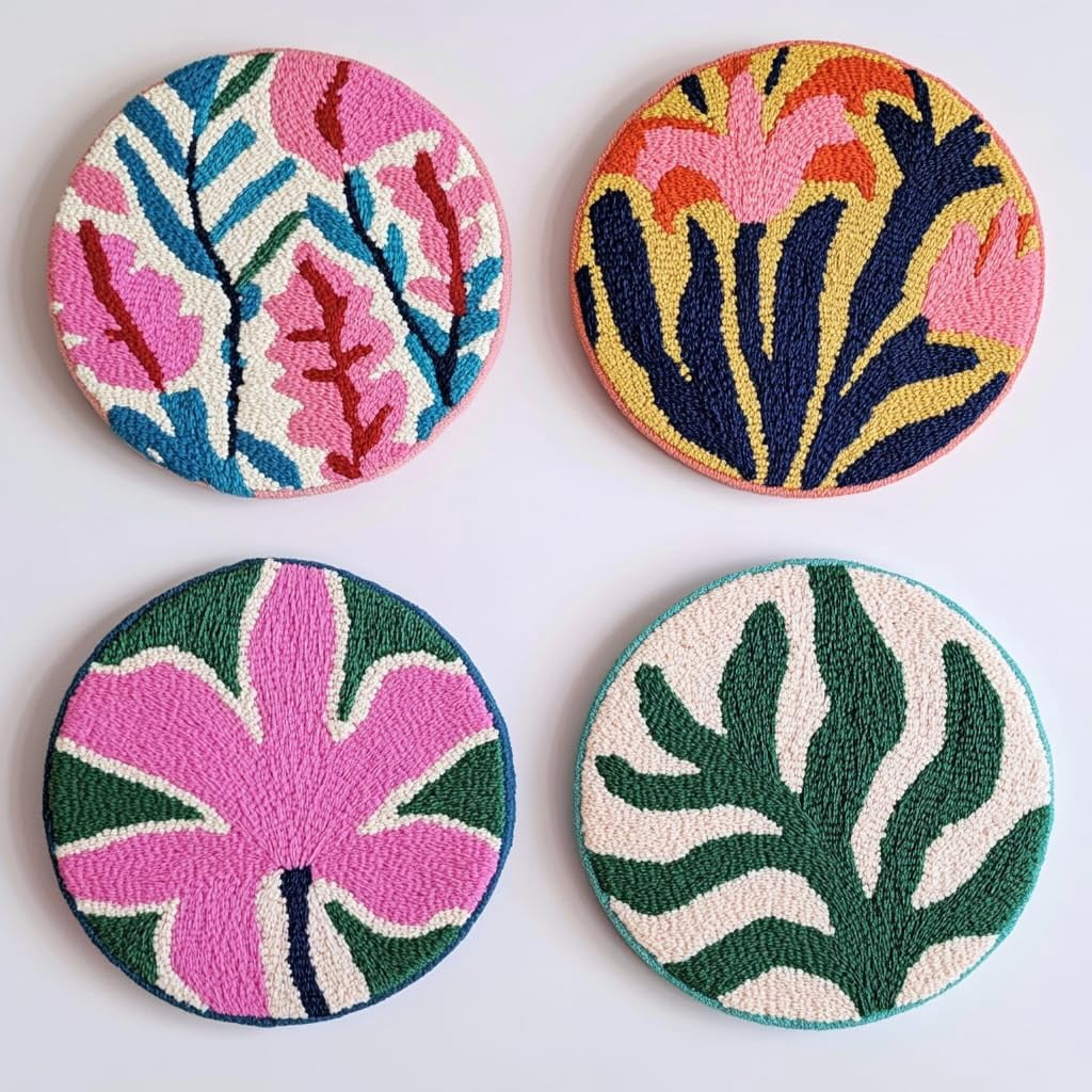 4 Set DIY Punch Needle Coaster Kits Lily Flowers Easy for Beginners with Adhesive Felt Hoop Punch Needle Embroidery Starter Set with Pattern for Drink Cups Mat Home Decor-16