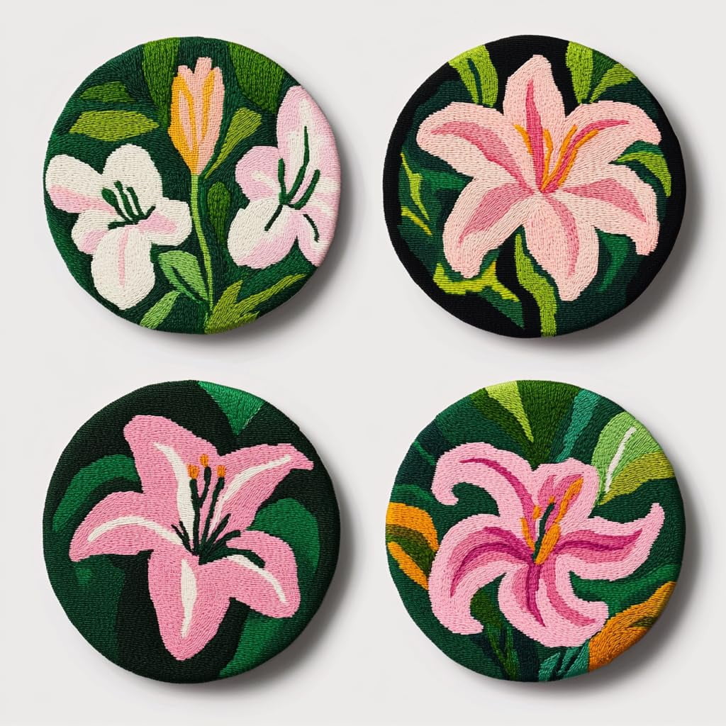 4 Set DIY Punch Needle Coaster Kits Lily Flowers Easy for Beginners with Adhesive Felt Hoop Punch Needle Embroidery Starter Set with Pattern for Drink Cups Mat Home Decor-30