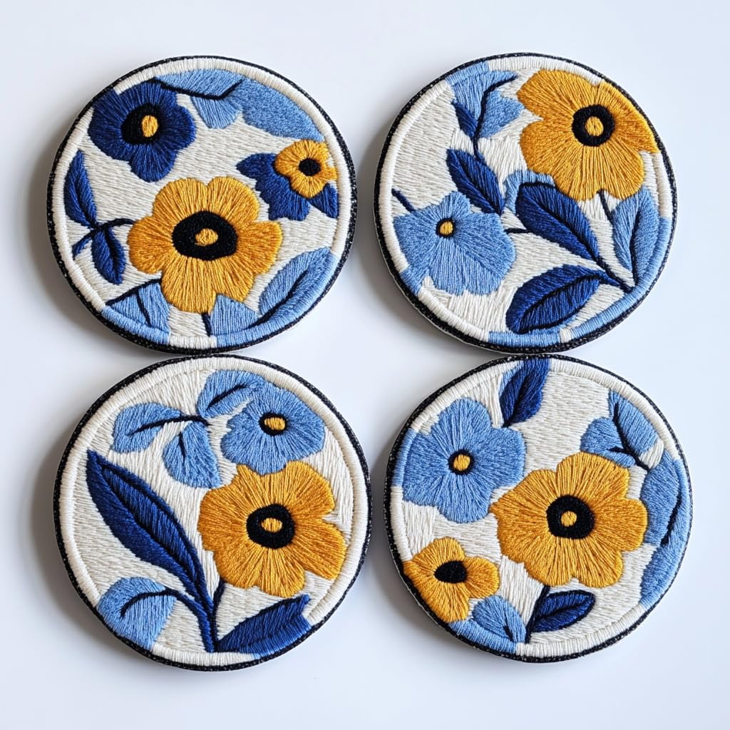 4 Set DIY Punch Needle Coaster Kits Little Colorful Flowers Easy for Beginners with Adhesive Felt Hoop Punch Needle Embroidery Starter Set with Pattern for Drink Cups Mat Home Decor-2