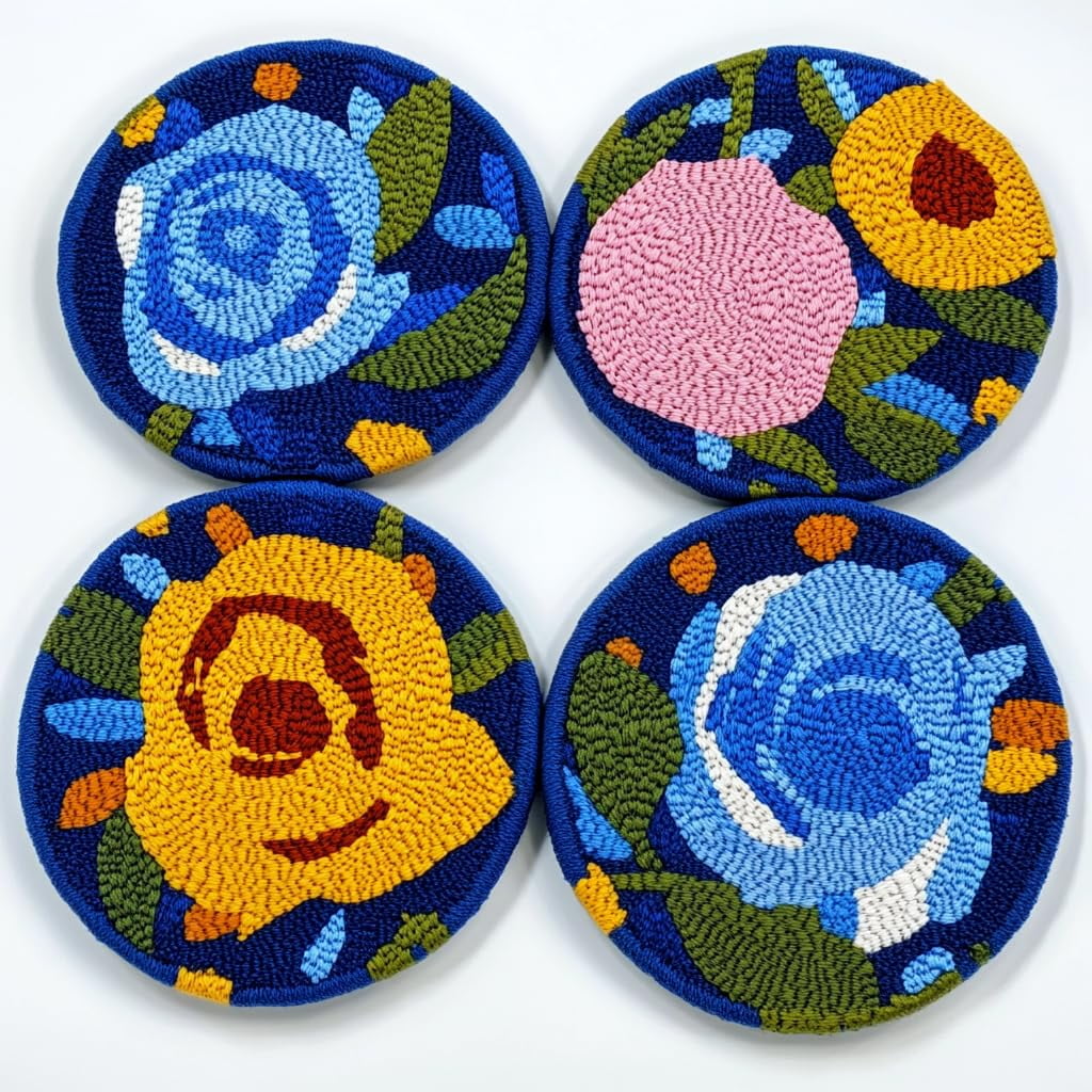 4 Set DIY Punch Needle Coaster Kits Little Colorful Flowers Easy for Beginners with Adhesive Felt Hoop Punch Needle Embroidery Starter Set with Pattern for Drink Cups Mat Home Decor-1