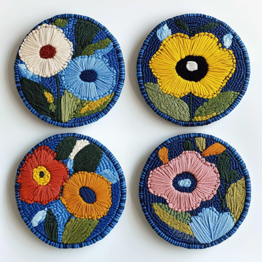 4 Set DIY Punch Needle Coaster Kits Little Colorful Flowers Easy for Beginners with Adhesive Felt Hoop Punch Needle Embroidery Starter Set with Pattern for Drink Cups Mat Home Decor-4