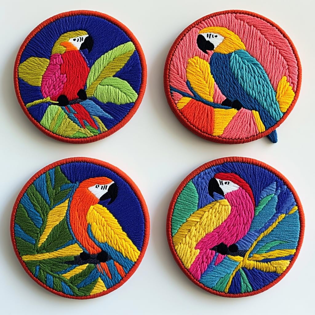 4 Set DIY Punch Needle Coaster Kits Macaw Parrot Easy for Beginners with Adhesive Felt Hoop Punch Needle Embroidery Starter Set with Pattern for Drink Cups Mat Home Decor-6