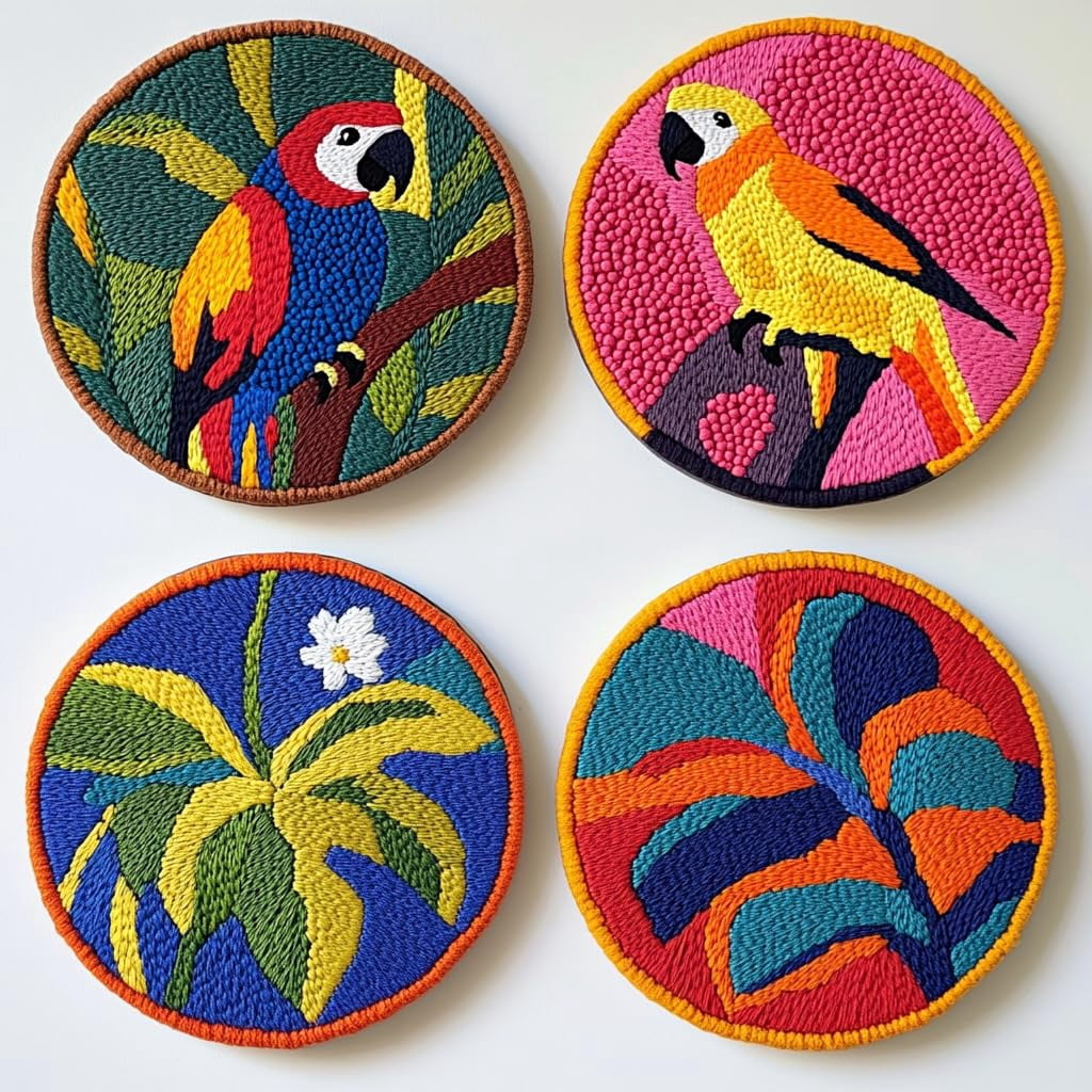 4 Set DIY Punch Needle Coaster Kits Macaw Parrot Easy for Beginners with Adhesive Felt Hoop Punch Needle Embroidery Starter Set with Pattern for Drink Cups Mat Home Decor-1