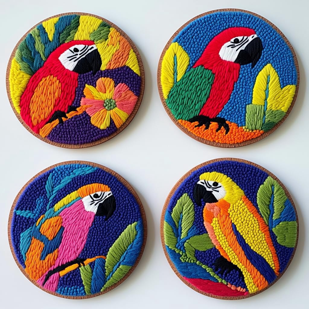 4 Set DIY Punch Needle Coaster Kits Macaw Parrot Easy for Beginners with Adhesive Felt Hoop Punch Needle Embroidery Starter Set with Pattern for Drink Cups Mat Home Decor-3