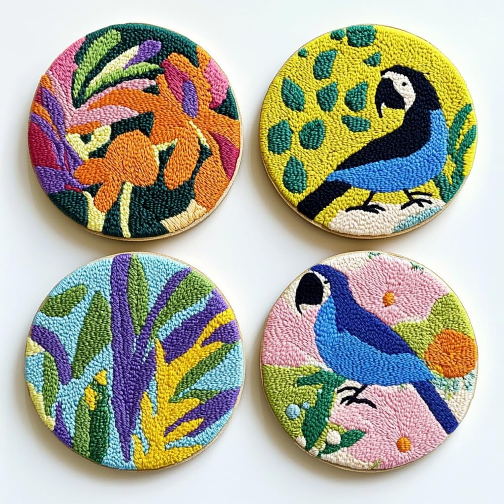 4 Set DIY Punch Needle Coaster Kits Macaw Parrot Easy for Beginners with Adhesive Felt Hoop Punch Needle Embroidery Starter Set with Pattern for Drink Cups Mat Home Decor-2