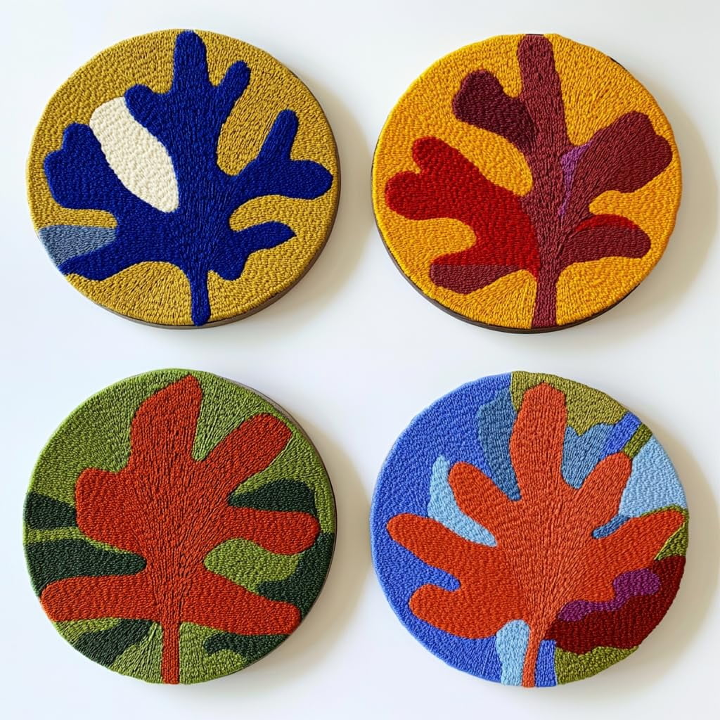 4 Set DIY Punch Needle Coaster Kits Maple Leave Easy for Beginners with Adhesive Felt Hoop Punch Needle Embroidery Starter Set with Pattern for Drink Cups Mat Home Decor-1