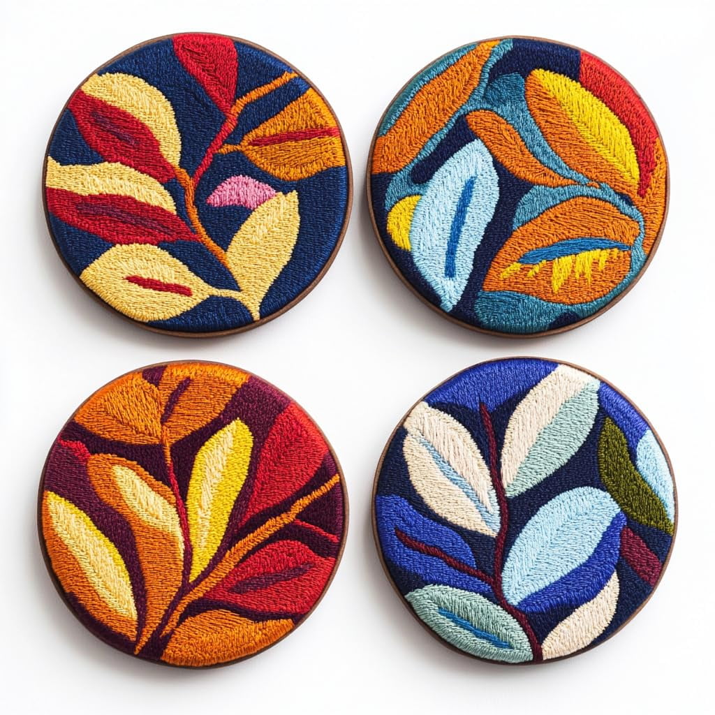 4 Set DIY Punch Needle Coaster Kits Maple Leave Easy for Beginners with Adhesive Felt Hoop Punch Needle Embroidery Starter Set with Pattern for Drink Cups Mat Home Decor-2