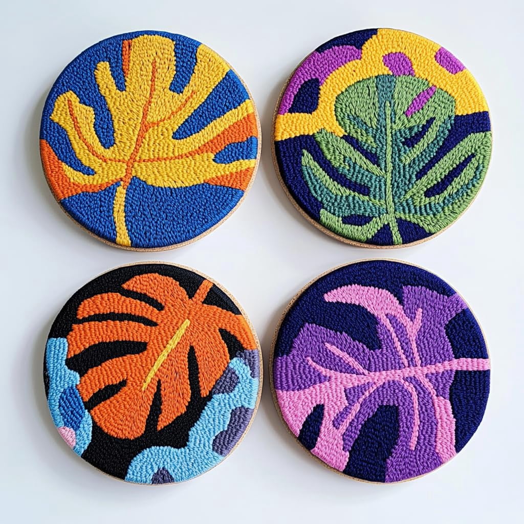 4 Set DIY Punch Needle Coaster Kits Monstera Leaf Easy for Beginners with Adhesive Felt Hoop Punch Needle Embroidery Starter Set with Pattern for Drink Cups Mat Home Decor-3