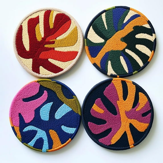 4 Set DIY Punch Needle Coaster Kits Monstera Leaf Easy for Beginners with Adhesive Felt Hoop Punch Needle Embroidery Starter Set with Pattern for Drink Cups Mat Home Decor-2