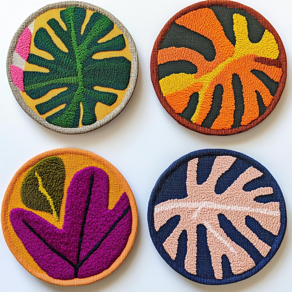 4 Set DIY Punch Needle Coaster Kits Monstera Leaf Easy for Beginners with Adhesive Felt Hoop Punch Needle Embroidery Starter Set with Pattern for Drink Cups Mat Home Decor-6