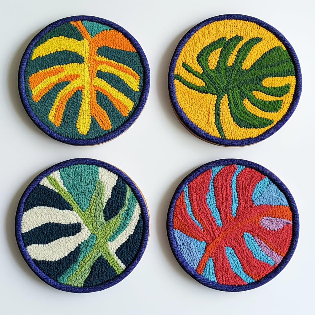 4 Set DIY Punch Needle Coaster Kits Monstera Leaf Easy for Beginners with Adhesive Felt Hoop Punch Needle Embroidery Starter Set with Pattern for Drink Cups Mat Home Decor-1