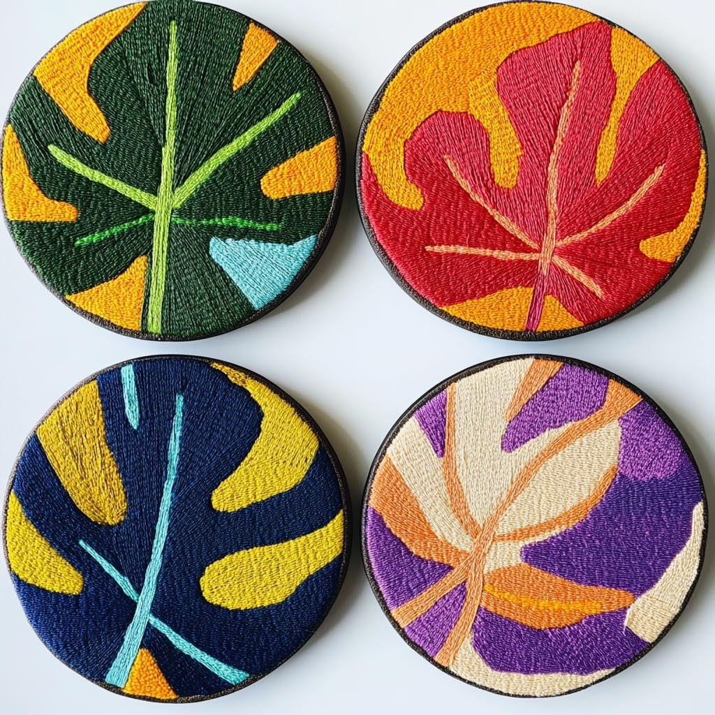 4 Set DIY Punch Needle Coaster Kits Monstera Leaf Easy for Beginners with Adhesive Felt Hoop Punch Needle Embroidery Starter Set with Pattern for Drink Cups Mat Home Decor-5