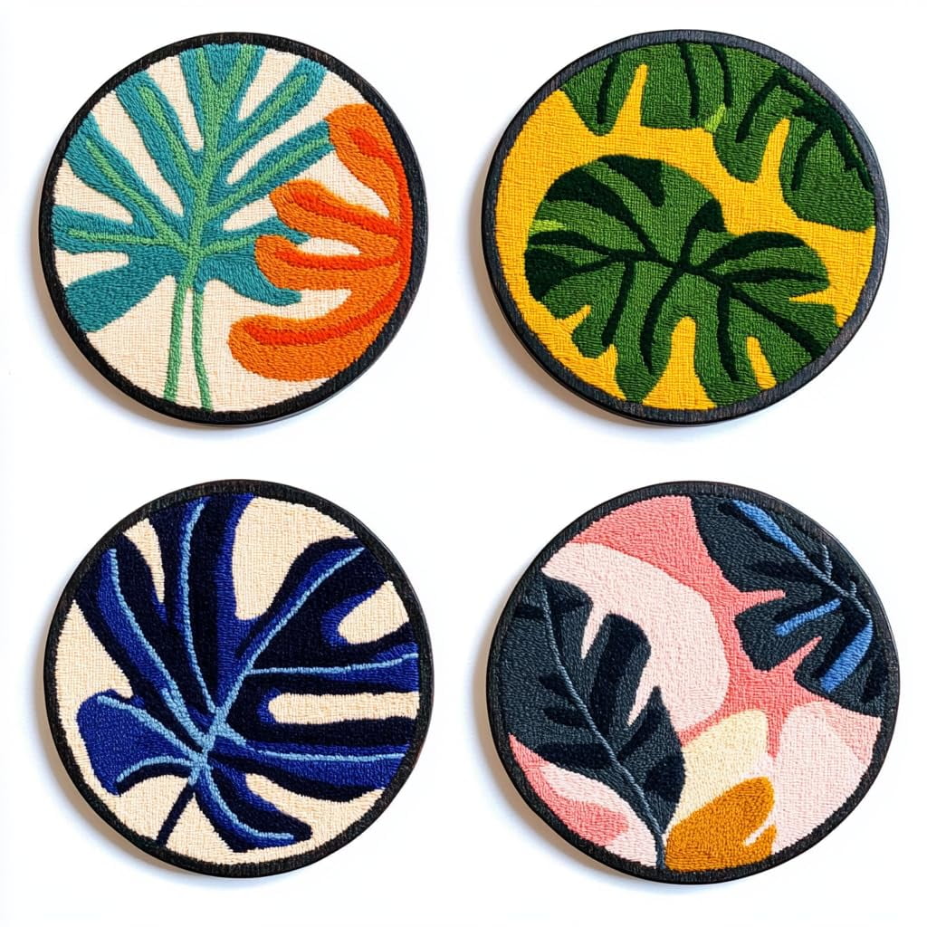 4 Set DIY Punch Needle Coaster Kits Monstera Leaf Easy for Beginners with Adhesive Felt Hoop Punch Needle Embroidery Starter Set with Pattern for Drink Cups Mat Home Decor-4