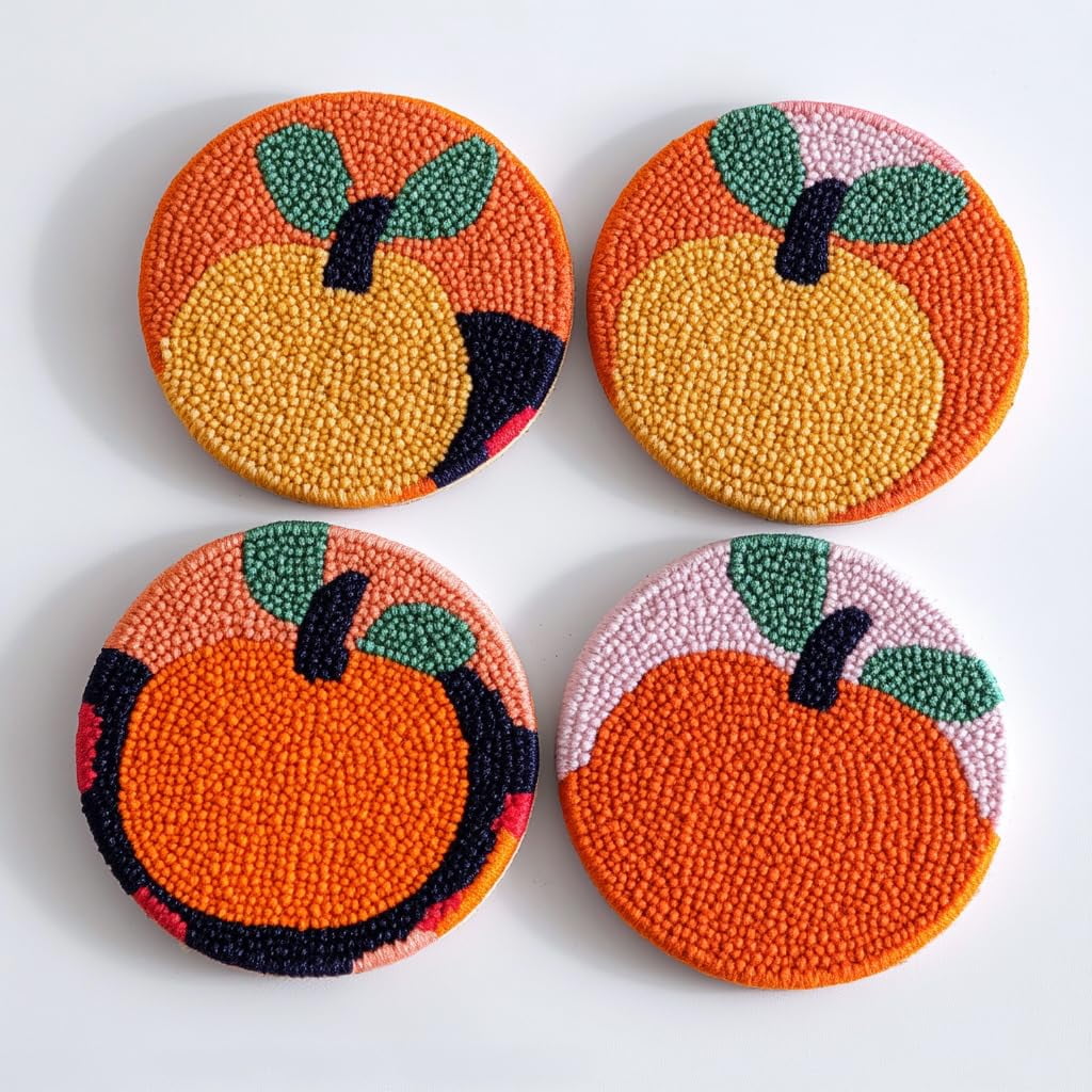 4 Set DIY Punch Needle Coaster Kits Orange Pumpkin Easy for Beginners with Adhesive Felt Hoop Punch Needle Embroidery Starter Set with Pattern for Drink Cups Mat Home Decor-2