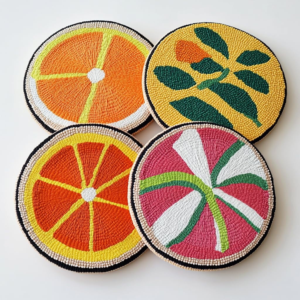 4 Set DIY Punch Needle Coaster Kits Oranges and Plant Easy for Beginners with Adhesive Felt Hoop Punch Needle Embroidery Starter Set with Pattern for Drink Cups Mat Home Decor-3