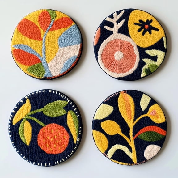 4 Set DIY Punch Needle Coaster Kits Oranges and Plant Easy for Beginners with Adhesive Felt Hoop Punch Needle Embroidery Starter Set with Pattern for Drink Cups Mat Home Decor-2