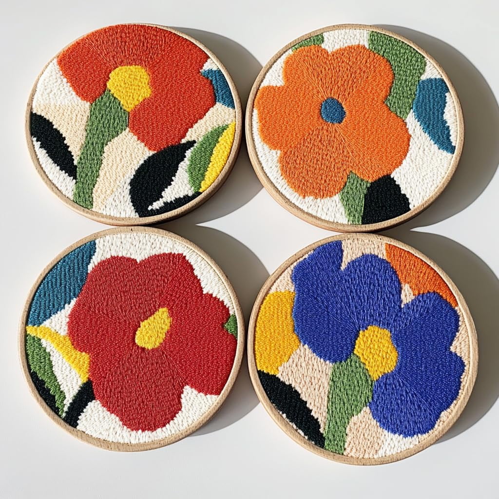 4 Set DIY Punch Needle Coaster Kits Peony Flower Easy for Beginners with Adhesive Felt Hoop Punch Needle Embroidery Starter Set with Pattern for Drink Cups Mat Home Decor-2