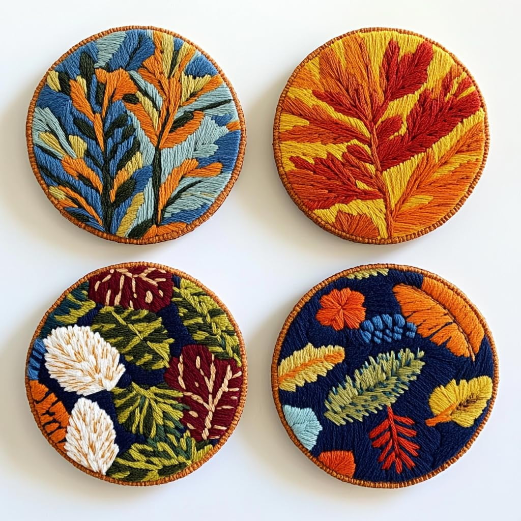 4 Set DIY Punch Needle Coaster Kits Pine Cone Leaves Easy for Beginners with Adhesive Felt Hoop Punch Needle Embroidery Starter Set with Pattern for Drink Cups Mat Home Decor-5