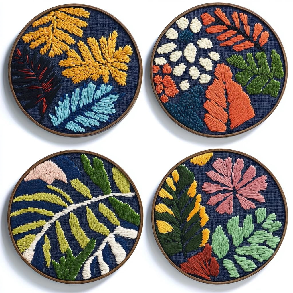 4 Set DIY Punch Needle Coaster Kits Pine Cone Leaves Easy for Beginners with Adhesive Felt Hoop Punch Needle Embroidery Starter Set with Pattern for Drink Cups Mat Home Decor-4
