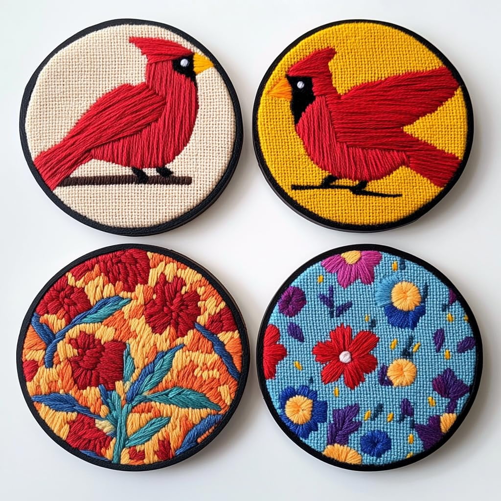 4 Set DIY Punch Needle Coaster Kits Red Cardinal and Flowers Easy for ...