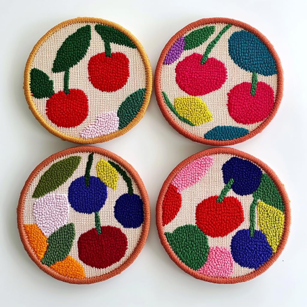 4 Set DIY Punch Needle Coaster Kits Red Cherries Easy for Beginners with Adhesive Felt Hoop Punch Needle Embroidery Starter Set with Pattern for Drink Cups Mat Home Decor-1