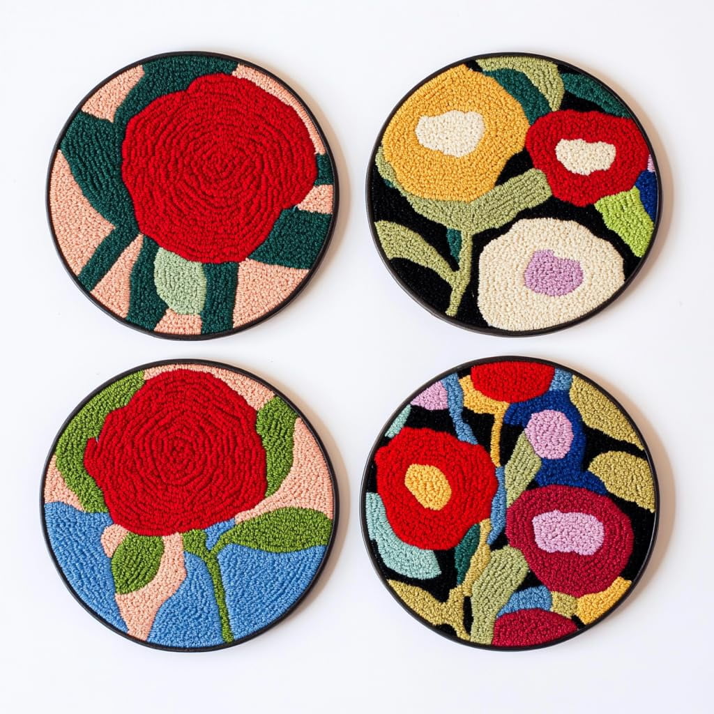 4 Set DIY Punch Needle Coaster Kits Red Rose Flower Easy for Beginners with Adhesive Felt Hoop Punch Needle Embroidery Starter Set with Pattern for Drink Cups Mat Home Decor-7