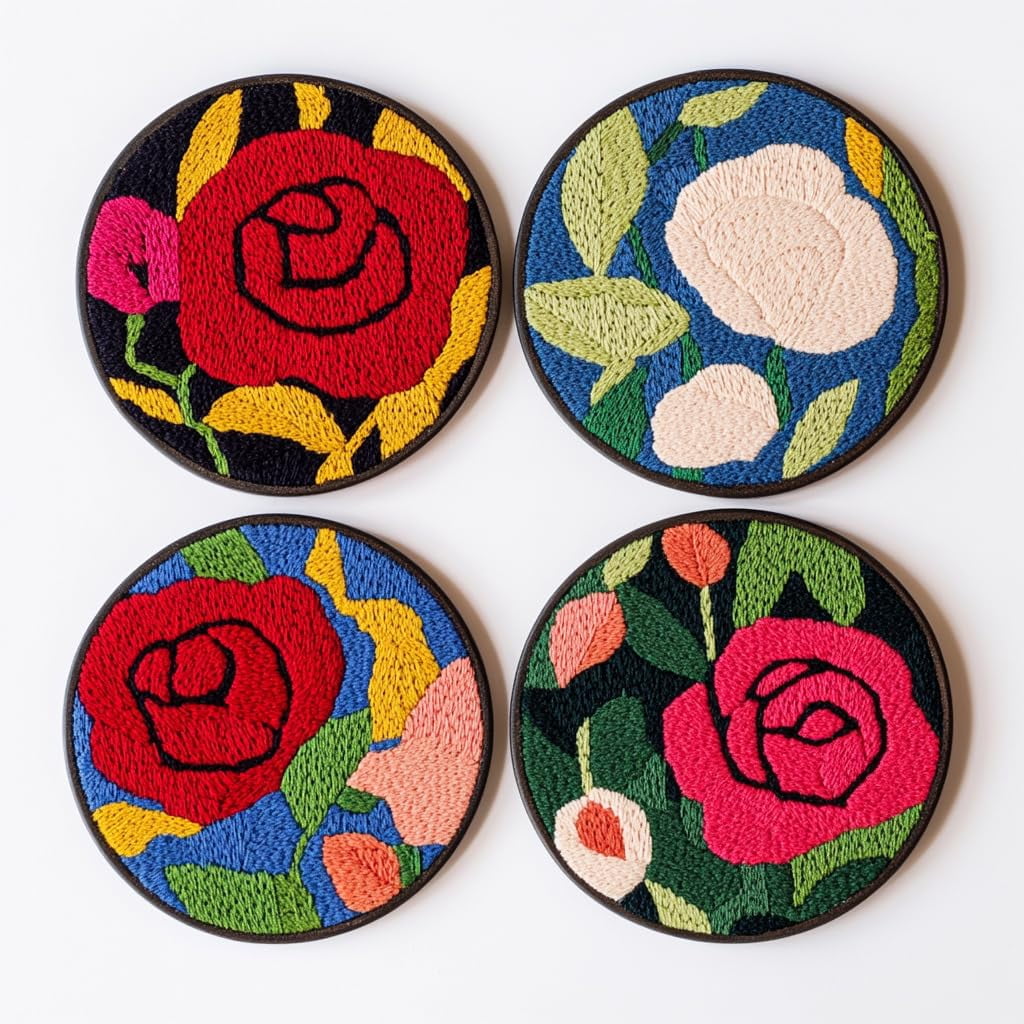 4 Set DIY Punch Needle Coaster Kits Red Rose Flower Easy for Beginners with Adhesive Felt Hoop Punch Needle Embroidery Starter Set with Pattern for Drink Cups Mat Home Decor-10