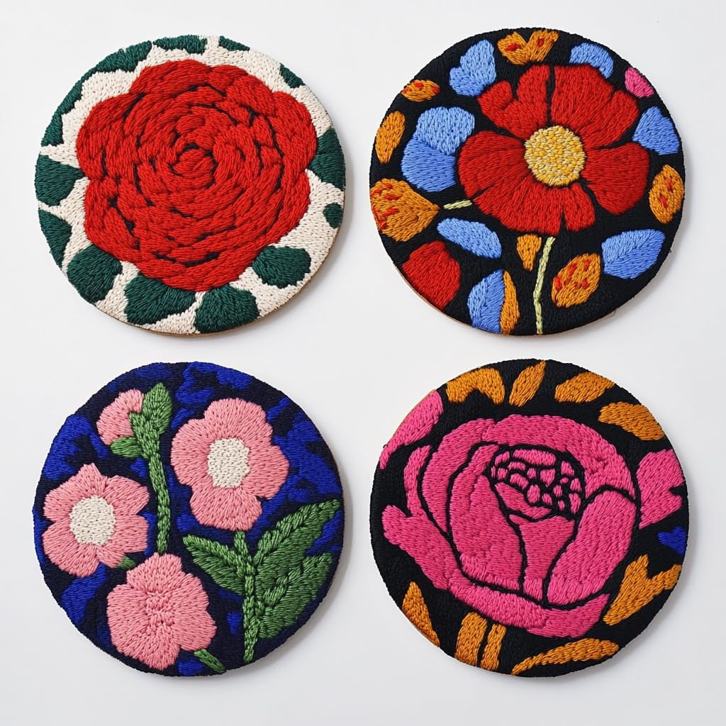 4 Set DIY Punch Needle Coaster Kits Red Rose Flower Easy for Beginners with Adhesive Felt Hoop Punch Needle Embroidery Starter Set with Pattern for Drink Cups Mat Home Decor-3