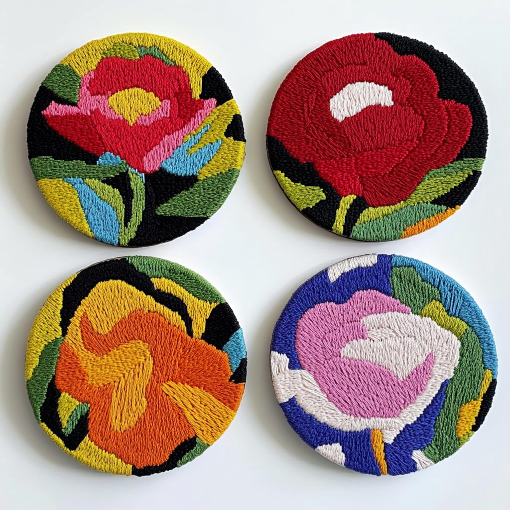 4 Set DIY Punch Needle Coaster Kits Red Rose Flower Easy for Beginners with Adhesive Felt Hoop Punch Needle Embroidery Starter Set with Pattern for Drink Cups Mat Home Decor-1