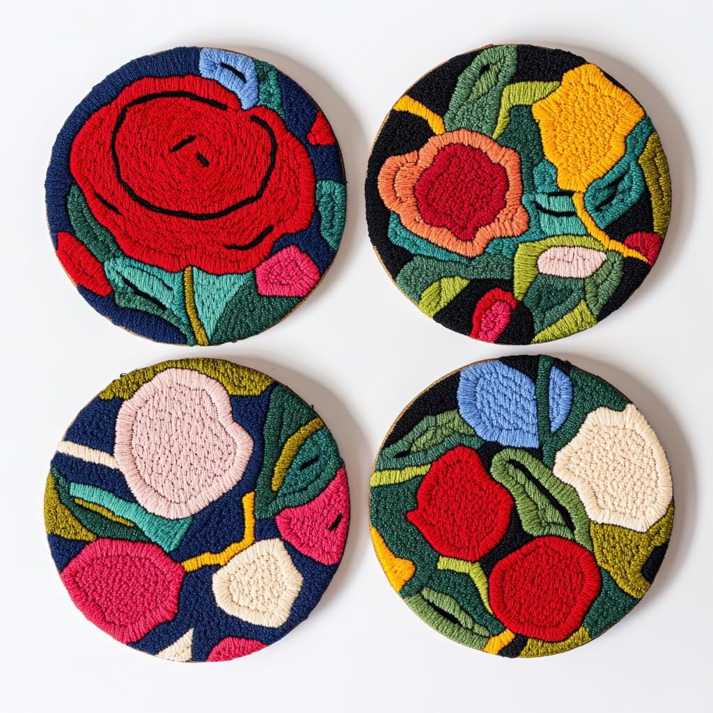 4 Set DIY Punch Needle Coaster Kits Red Rose Flower Easy for Beginners with Adhesive Felt Hoop Punch Needle Embroidery Starter Set with Pattern for Drink Cups Mat Home Decor-4