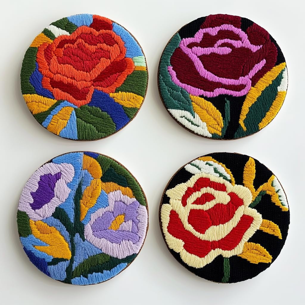 4 Set DIY Punch Needle Coaster Kits Red Rose Flower Easy for Beginners with Adhesive Felt Hoop Punch Needle Embroidery Starter Set with Pattern for Drink Cups Mat Home Decor-2