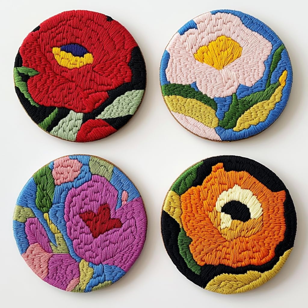 4 Set DIY Punch Needle Coaster Kits Red Rose Flower Easy for Beginners with Adhesive Felt Hoop Punch Needle Embroidery Starter Set with Pattern for Drink Cups Mat Home Decor-6