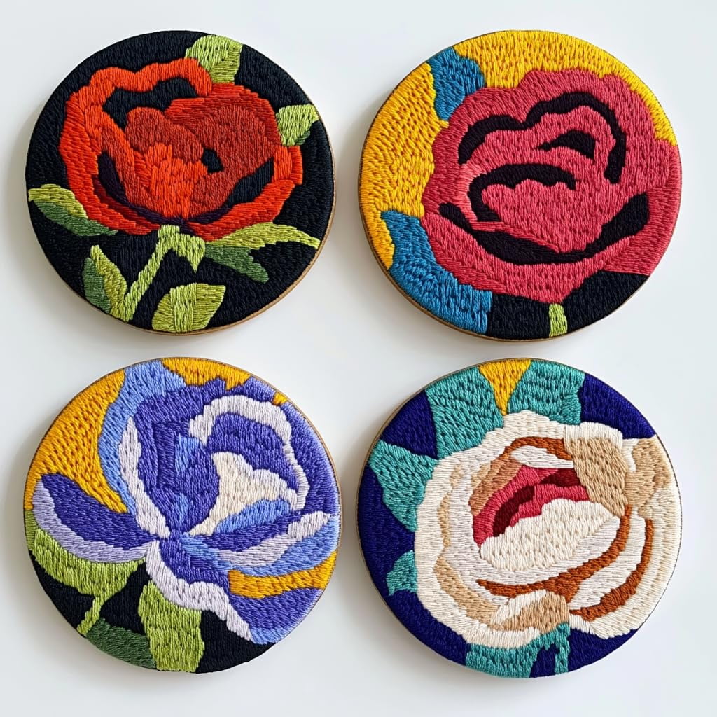4 Set DIY Punch Needle Coaster Kits Red Rose Flower Easy for Beginners with Adhesive Felt Hoop Punch Needle Embroidery Starter Set with Pattern for Drink Cups Mat Home Decor-11
