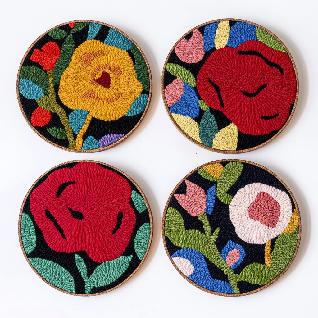4 Set DIY Punch Needle Coaster Kits Red Rose Flower Easy for Beginners with Adhesive Felt Hoop Punch Needle Embroidery Starter Set with Pattern for Drink Cups Mat Home Decor-8