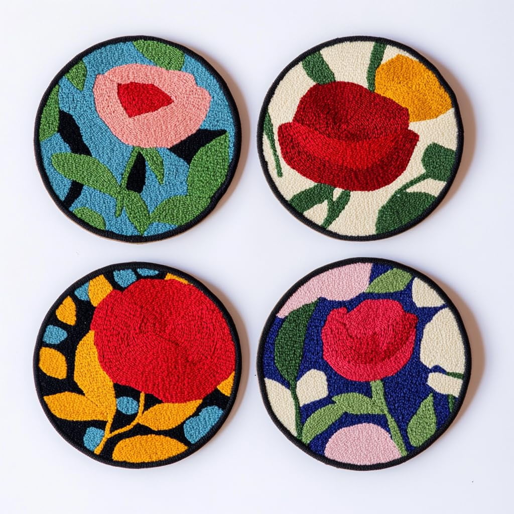 4 Set DIY Punch Needle Coaster Kits Red Rose Flower Easy for Beginners with Adhesive Felt Hoop Punch Needle Embroidery Starter Set with Pattern for Drink Cups Mat Home Decor-9