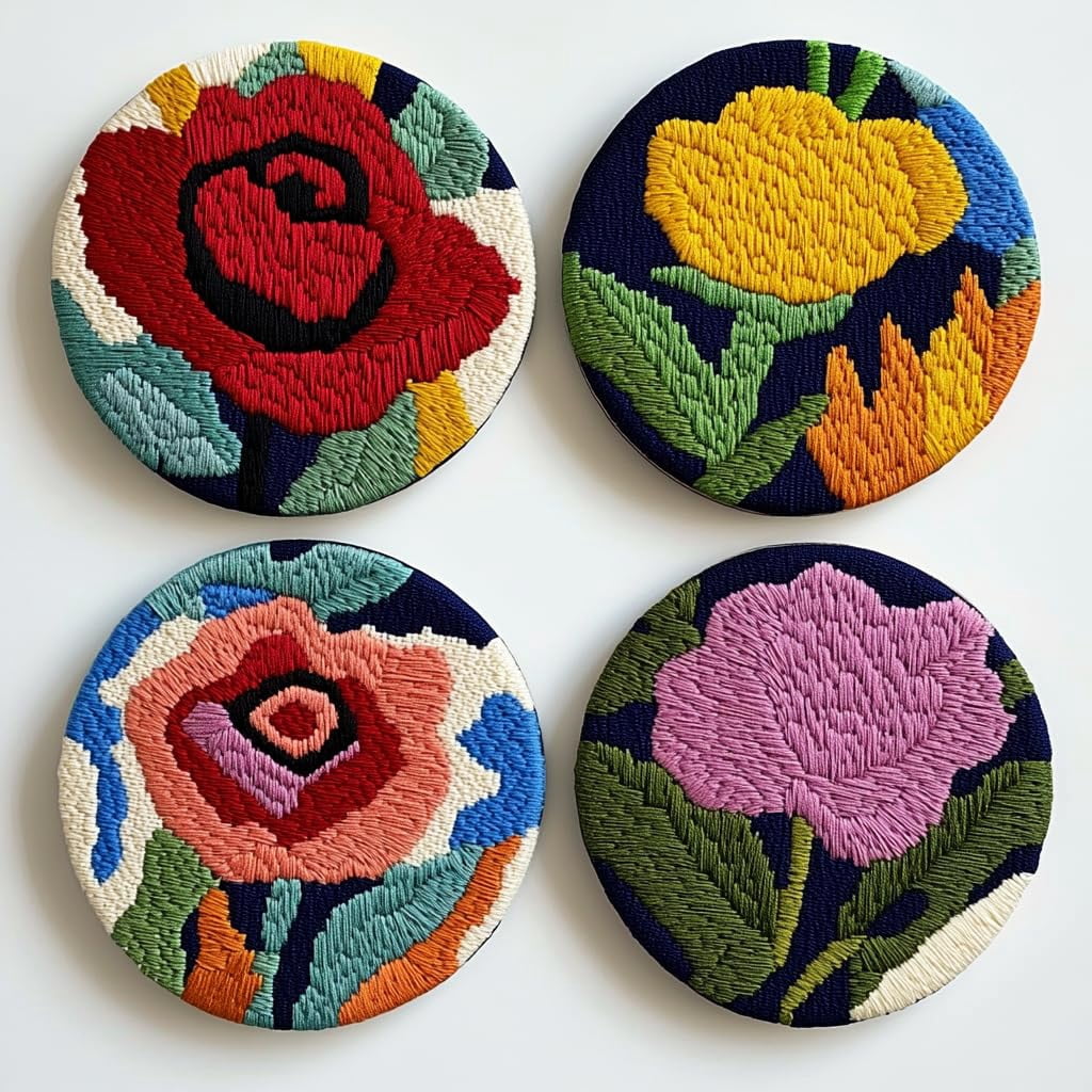 4 Set DIY Punch Needle Coaster Kits Red Rose Flower Easy for Beginners with Adhesive Felt Hoop Punch Needle Embroidery Starter Set with Pattern for Drink Cups Mat Home Decor-5