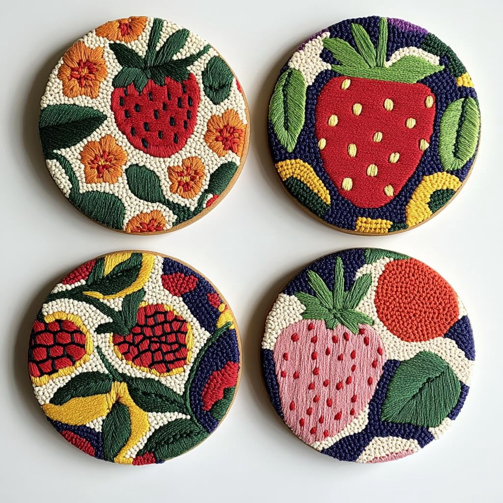 4 Set DIY Punch Needle Coaster Kits Red Strawberry Easy for Beginners with Adhesive Felt Hoop Punch Needle Embroidery Starter Set with Pattern for Drink Cups Mat Home Decor-1