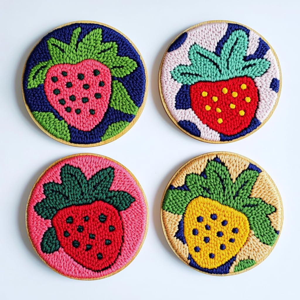 4 Set DIY Punch Needle Coaster Kits Red Strawberry Easy for Beginners with Adhesive Felt Hoop Punch Needle Embroidery Starter Set with Pattern for Drink Cups Mat Home Decor-5