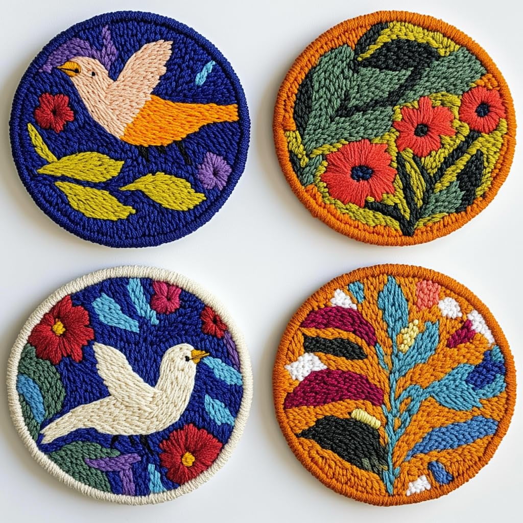 4 Set DIY Punch Needle Coaster Kits Robbin Bird and Flowers Easy for Beginners with Adhesive Felt Hoop Punch Needle Embroidery Starter Set with Pattern for Drink Cups Mat Home Decor-1